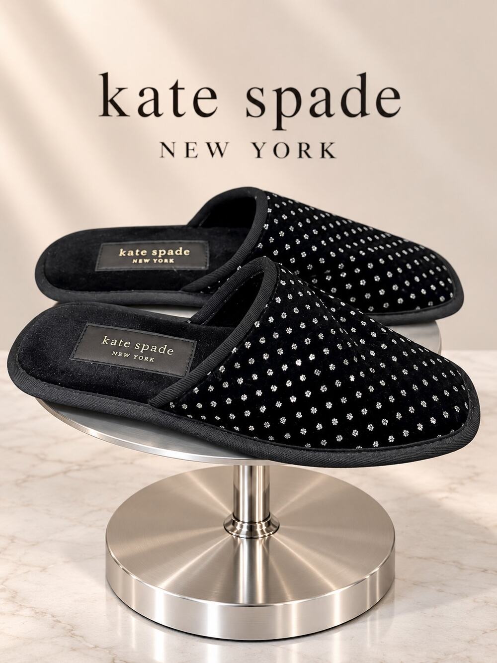 Kate Spade New York Dove Spade Flower Jacquard Slippers Black Sz 6
